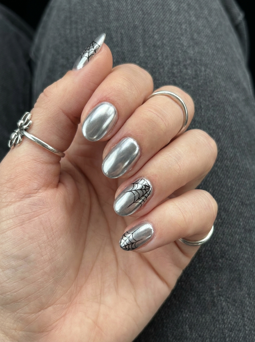 Silver Web Chrome Nails als Halloween Nägel Inspiration 2026